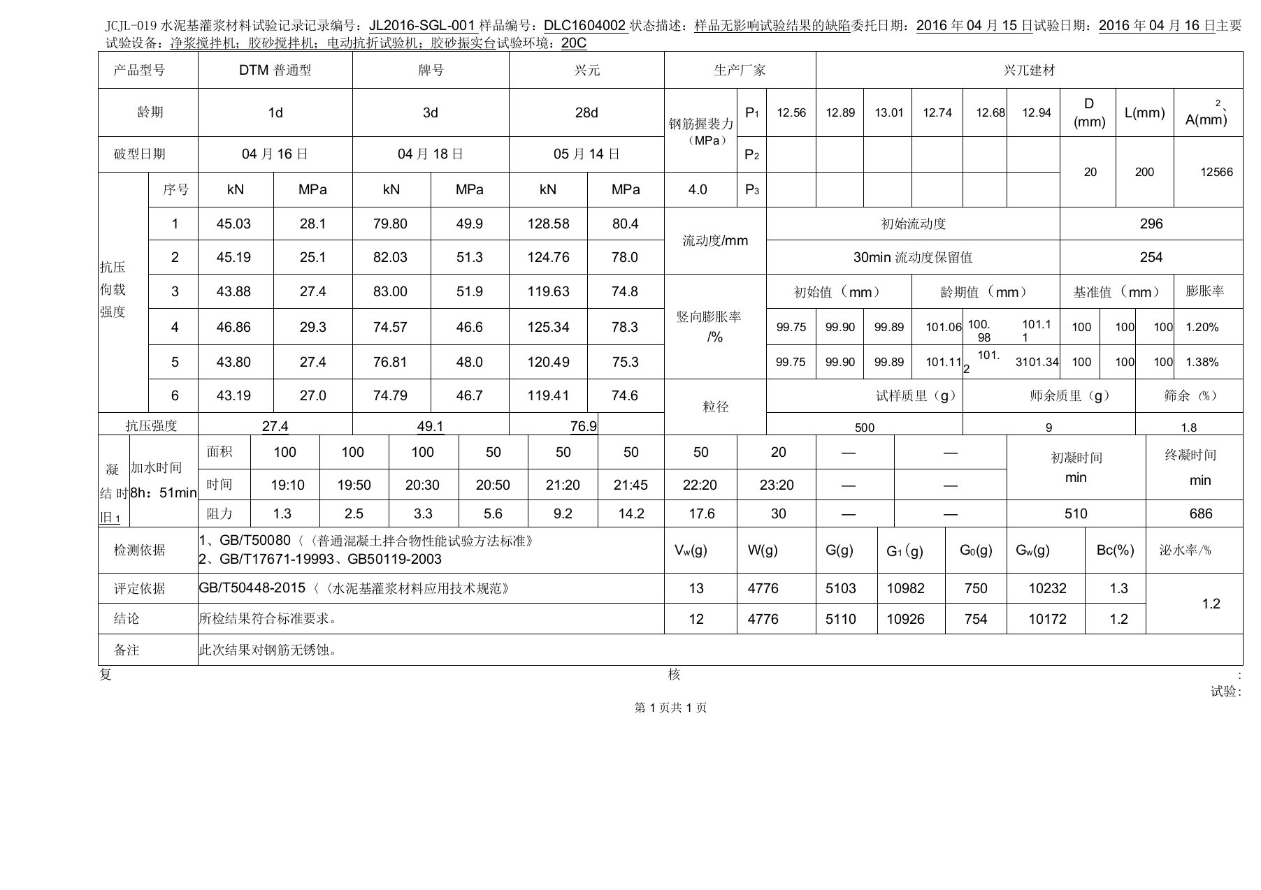 水泥基灌浆料试验记录