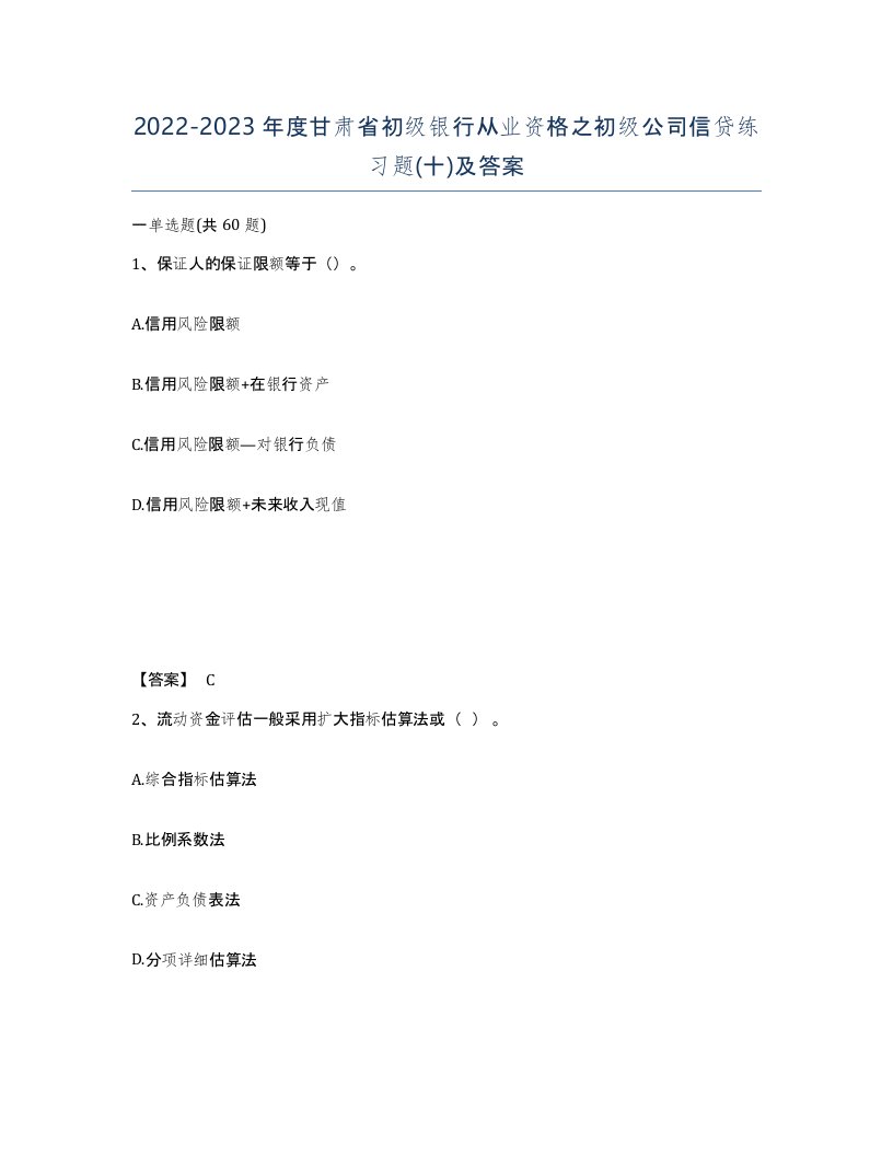 2022-2023年度甘肃省初级银行从业资格之初级公司信贷练习题十及答案