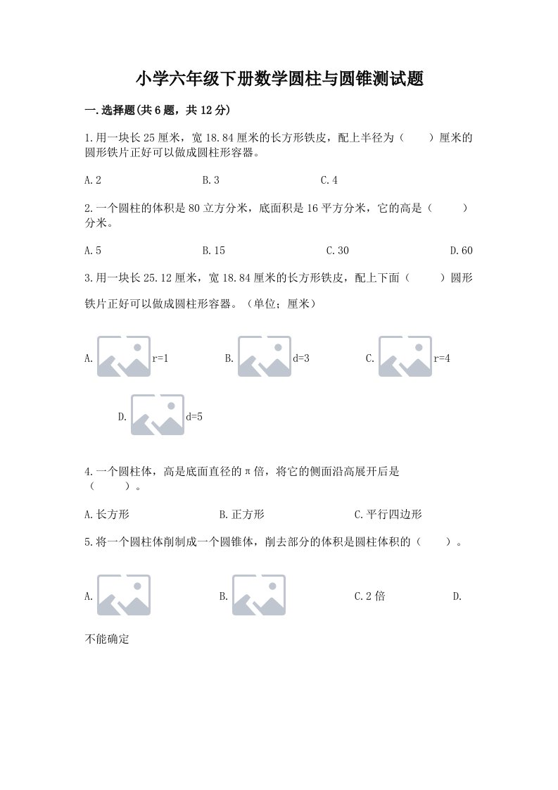 小学六年级下册数学圆柱与圆锥测试题附参考答案【名师推荐】