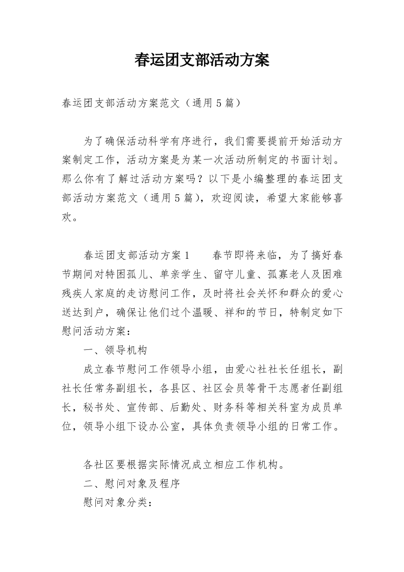 春运团支部活动方案