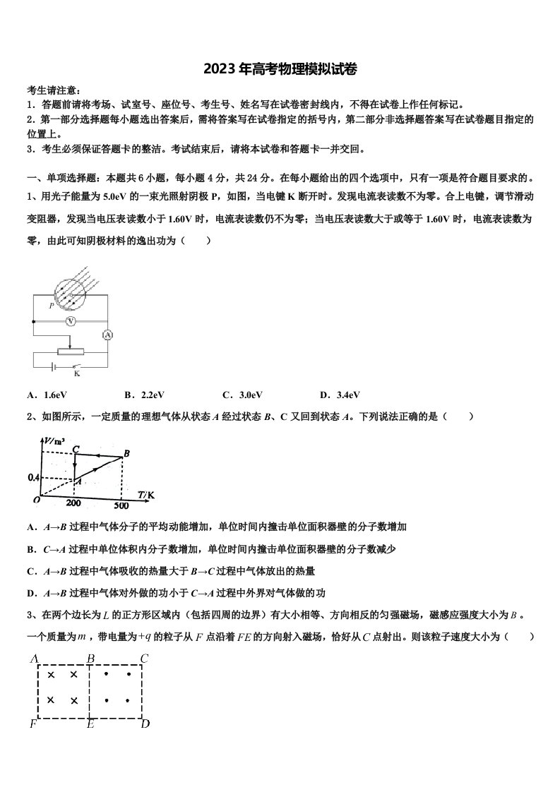 2022-2023学年河北省唐山丰南区二中高三适应性调研考试物理试题含解析