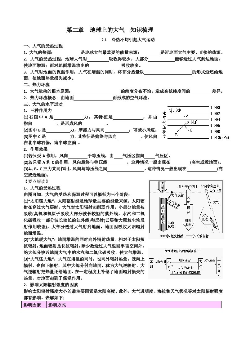 高一地理必修1第二章知识梳理和训练题