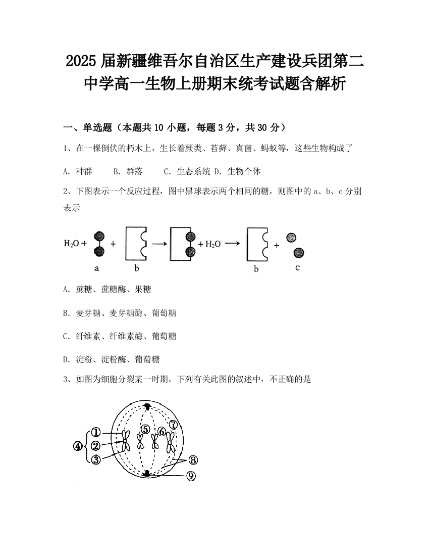 2025届新疆维吾尔自治区生产建设兵团第二中学高一生物上册期末统考试题含解析