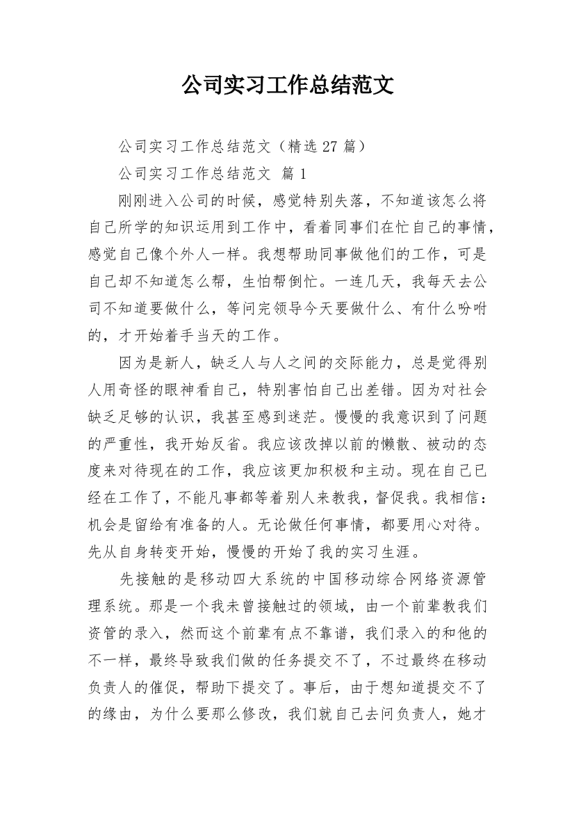 公司实习工作总结范文