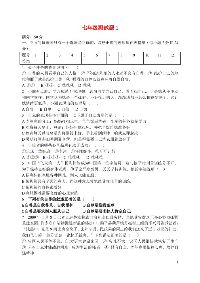 辽宁省开原市第五中学七级政治下学期测试题