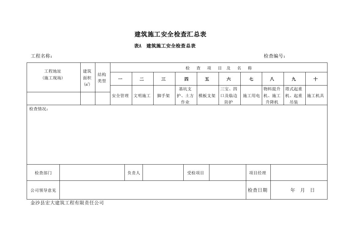 建筑施工安全检查汇总表