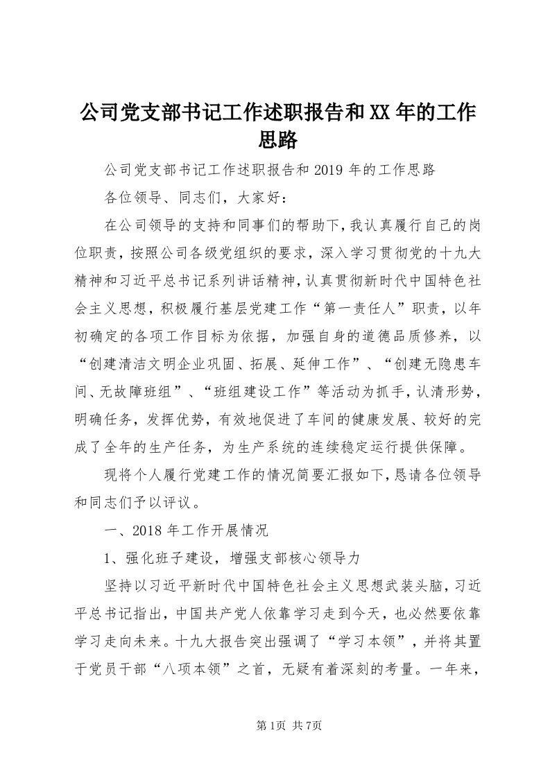 公司党支部书记工作述职报告和某年的工作思路