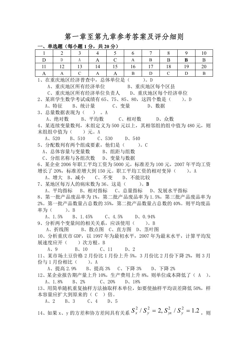 统计学课后第一章至第九章参考答案及评分细则