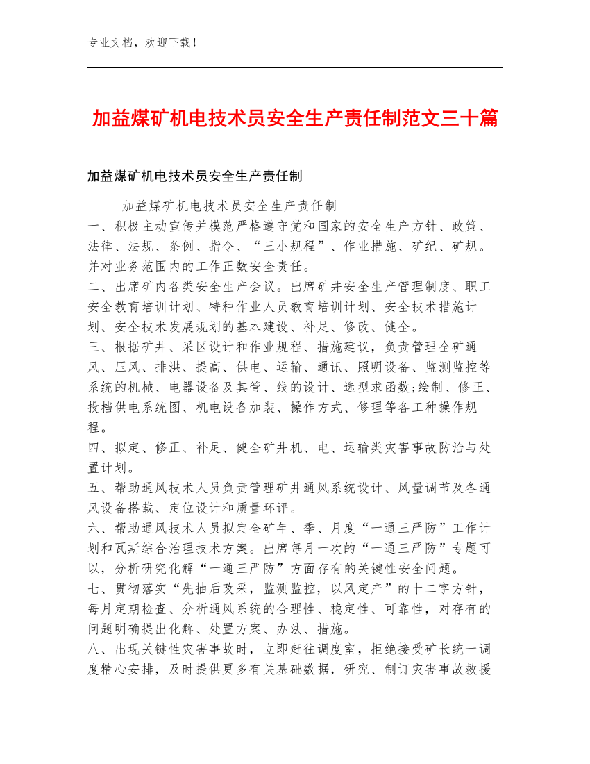 加益煤矿机电技术员安全生产责任制范文三十篇