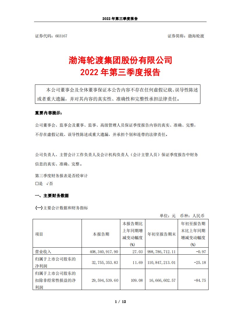 上交所-渤海轮渡集团股份有限公司2022年第三季度报告-20221025