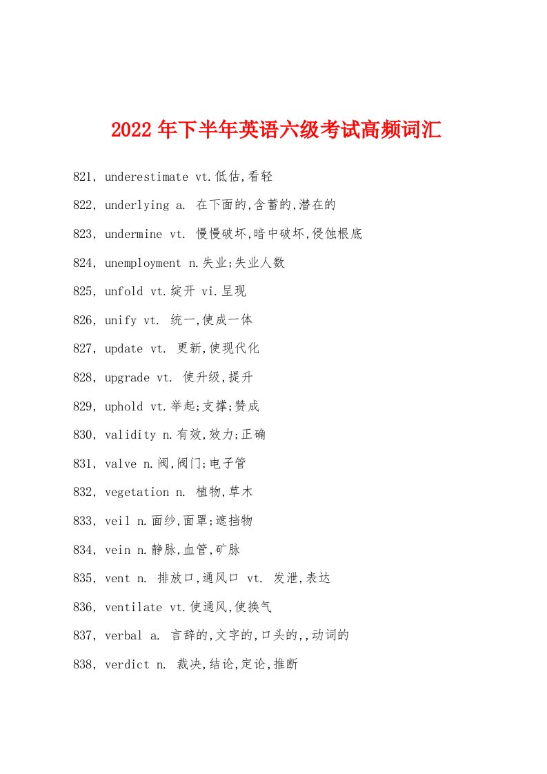 2022年下半年英语六级考试高频词汇