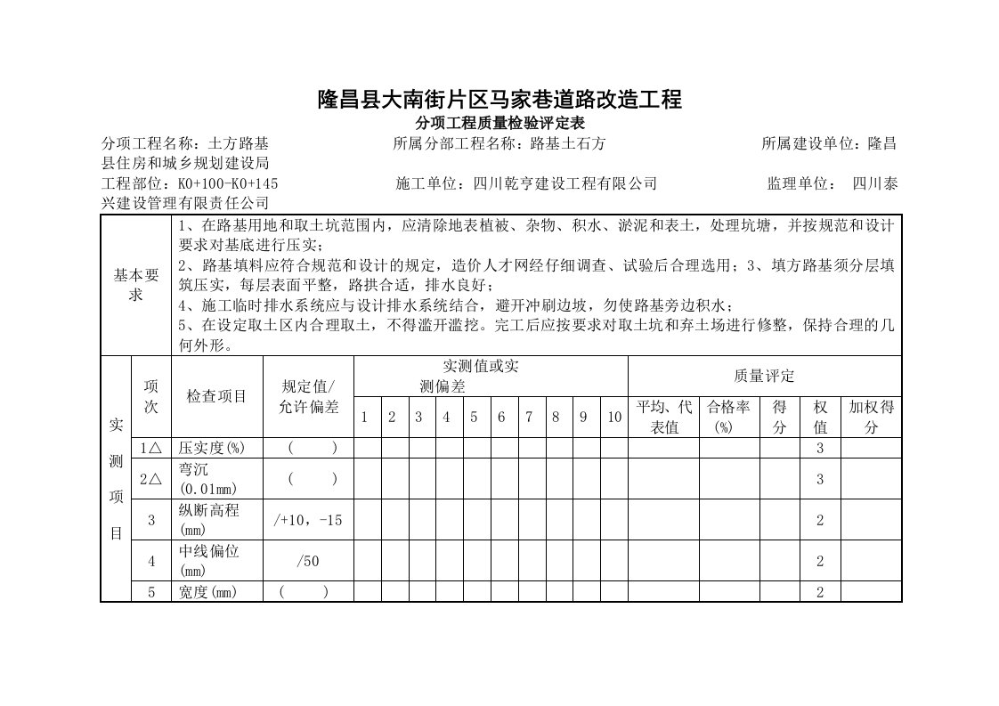 公路工程分项工程质量检验评定表格