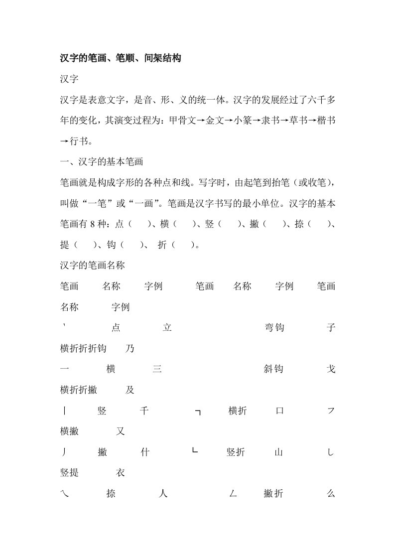 汉字的笔画、笔顺、间架结构