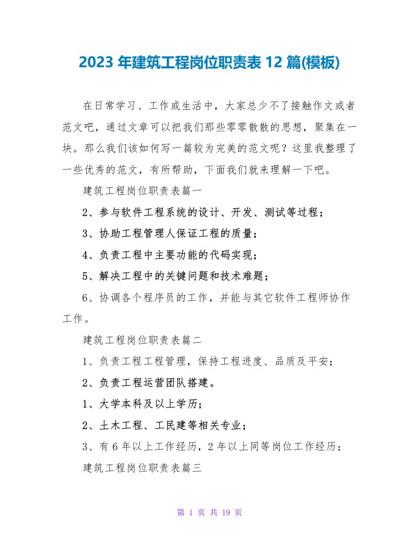 2023年建筑工程岗位职责表12篇(模板)