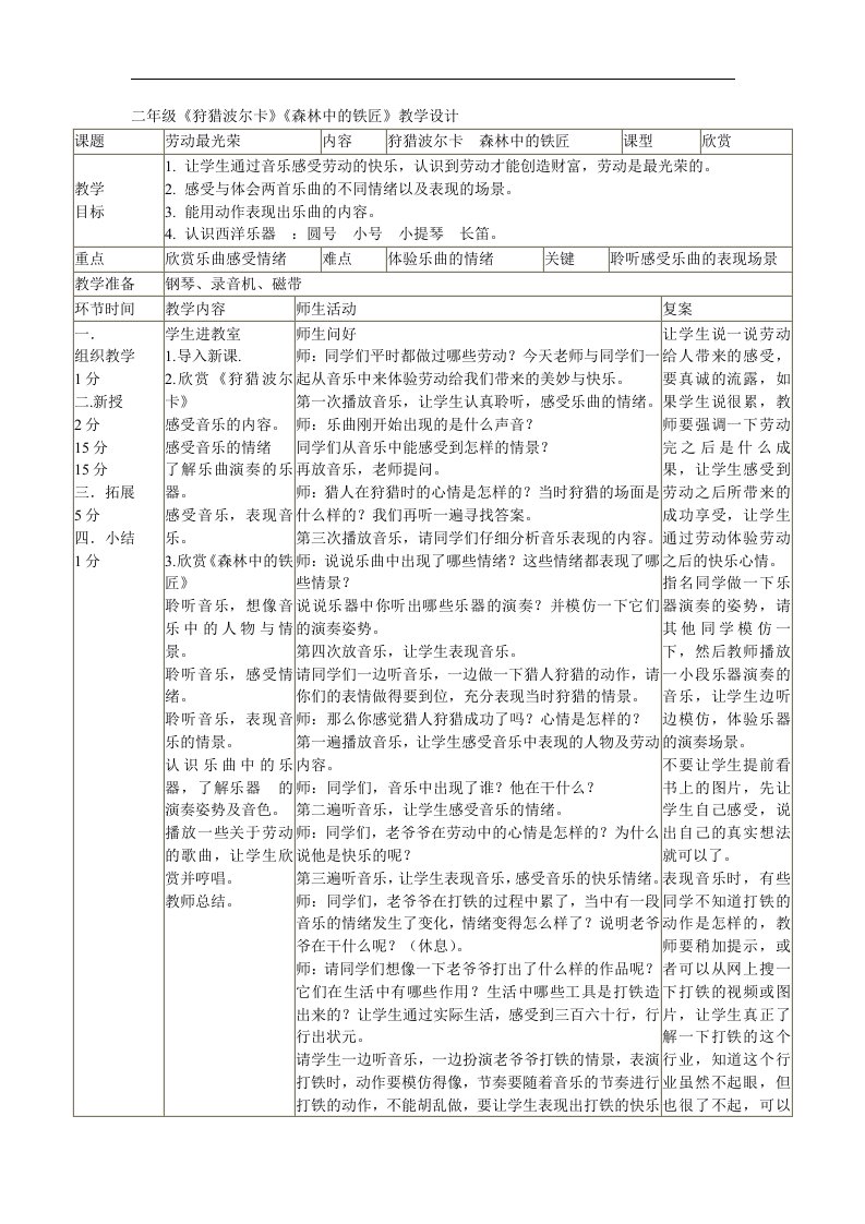 人教版小学音乐二下《狩猎波尔卡》《森林中的铁匠》教学设计