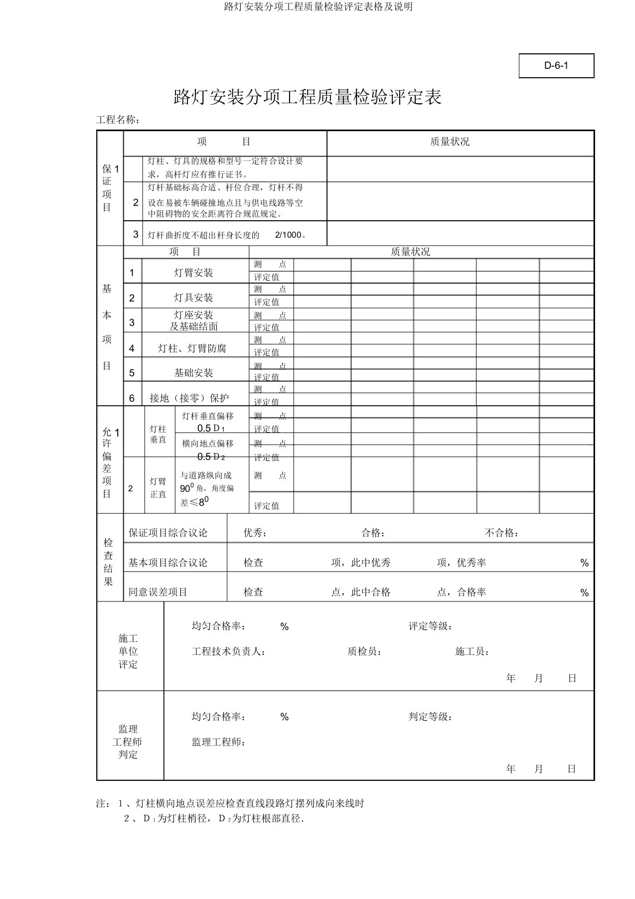 路灯安装分项工程质量检验评定表格及说明