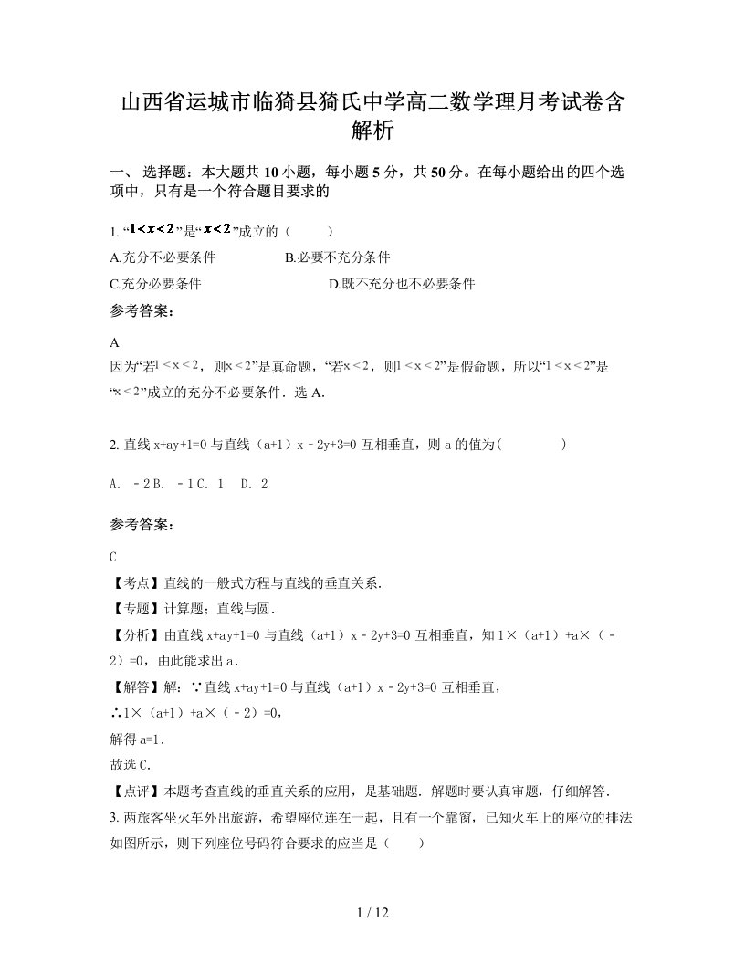 山西省运城市临猗县猗氏中学高二数学理月考试卷含解析