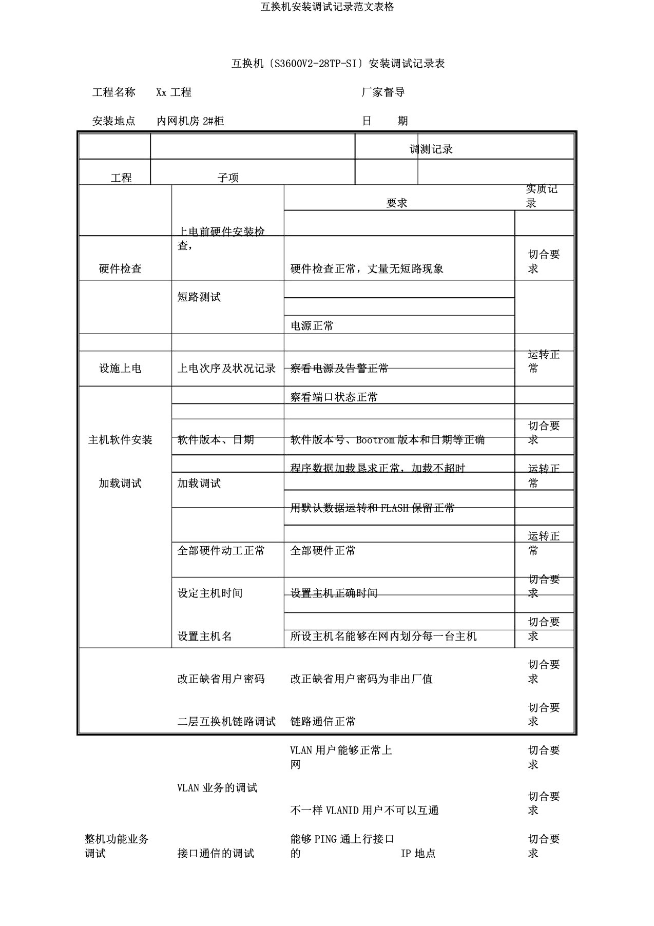 交换机安装调试记录表格