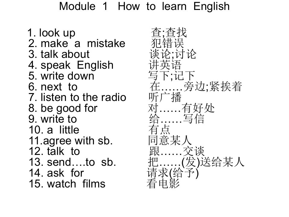 八年级外研版英语M1M9重点短语