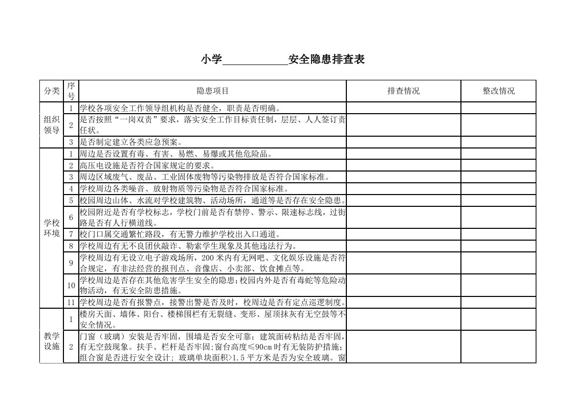 小学安全隐患排查表