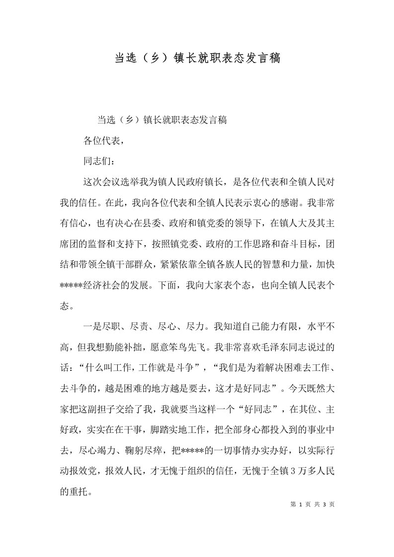 当选乡镇长就职表态发言稿三