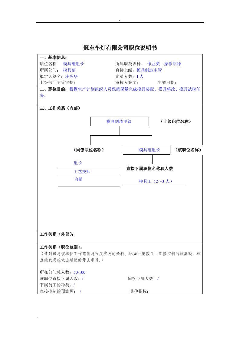 冠东车灯公司模具部模具组组长职位说明书