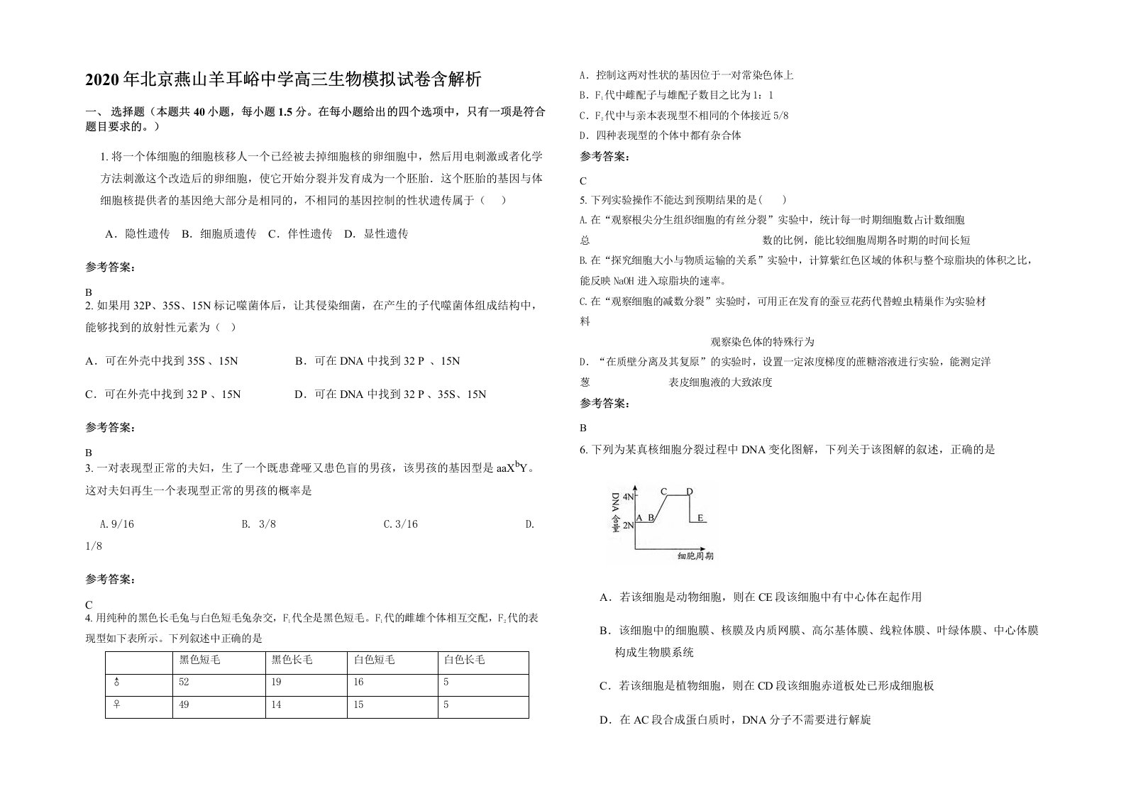 2020年北京燕山羊耳峪中学高三生物模拟试卷含解析