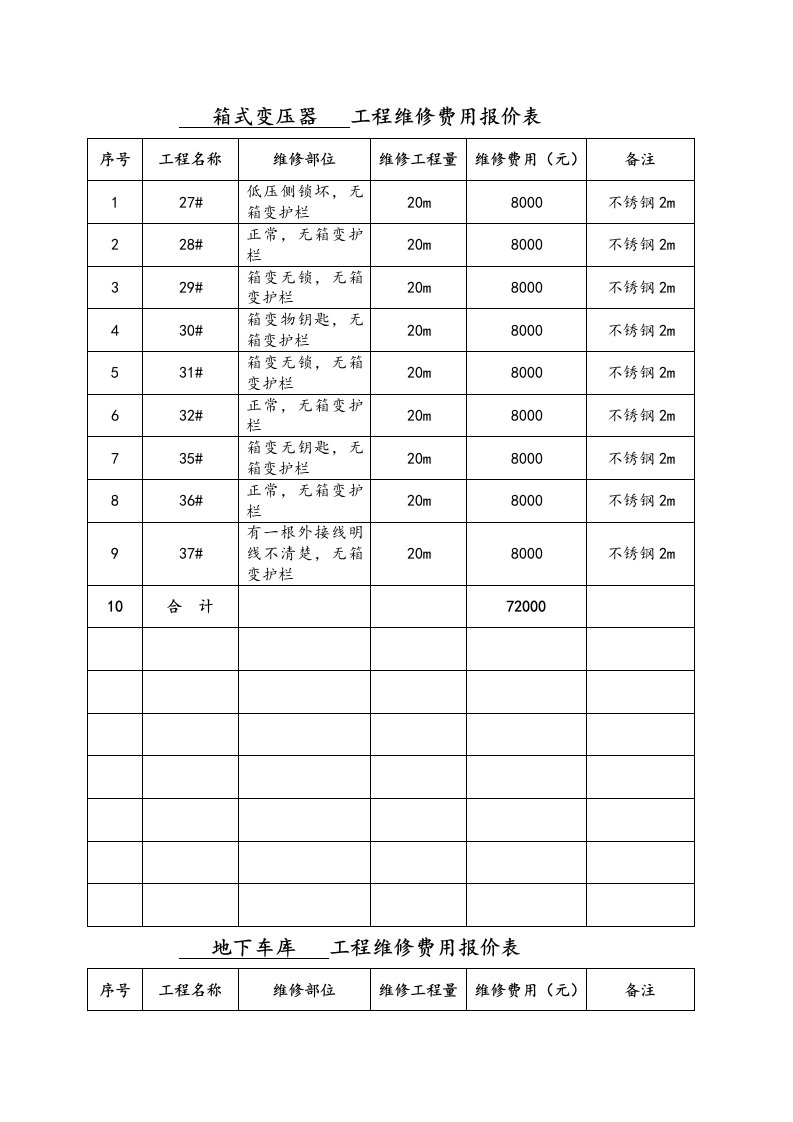 工程维修费用报价表