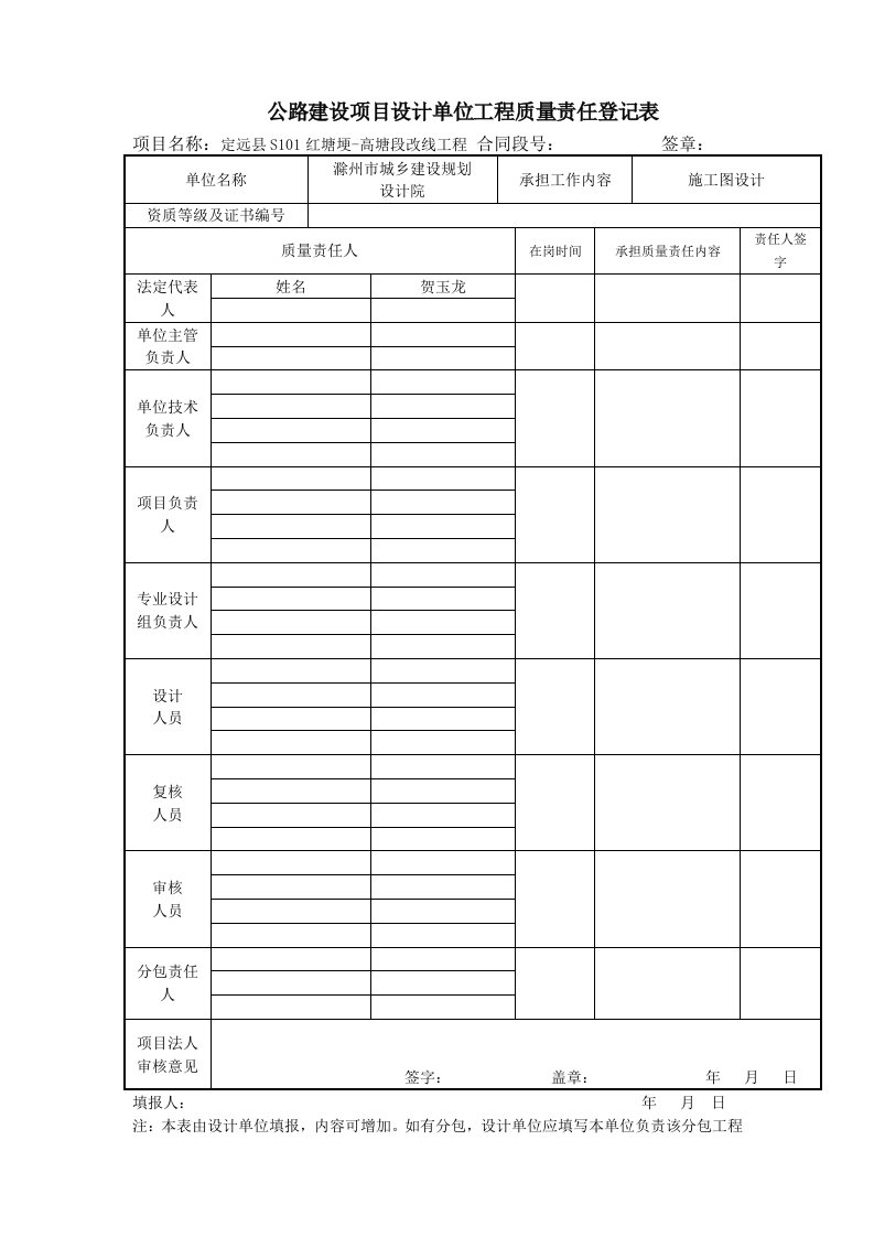 公路建设项目设计单位工程质量责任登记表