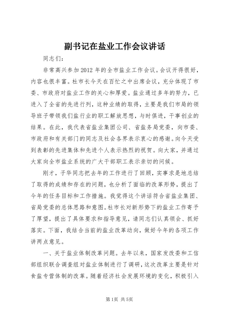 副书记在盐业工作会议致辞