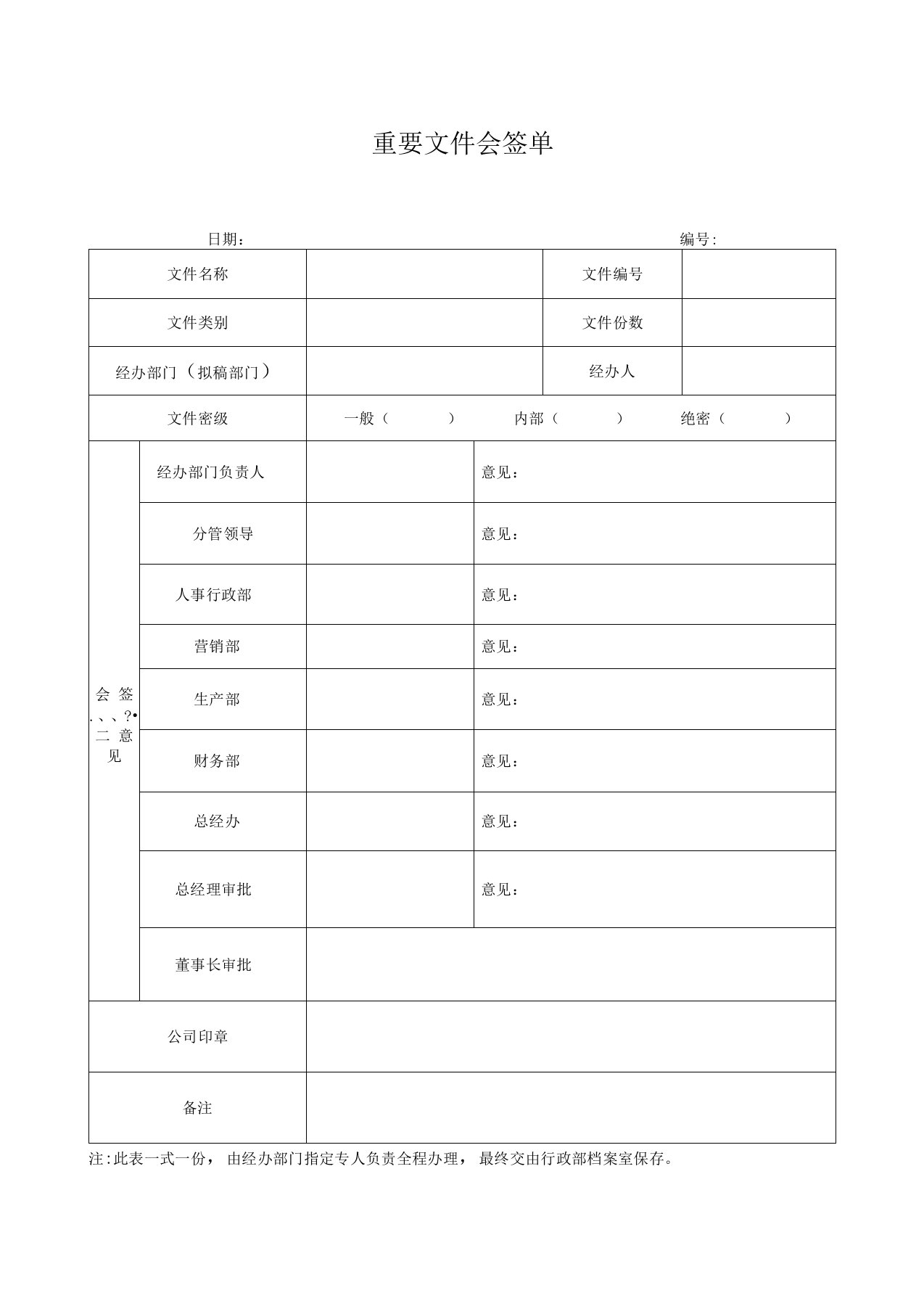 重要文件会签单(模板)