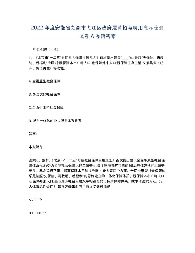 2022年度安徽省芜湖市弋江区政府雇员招考聘用题库检测试卷A卷附答案