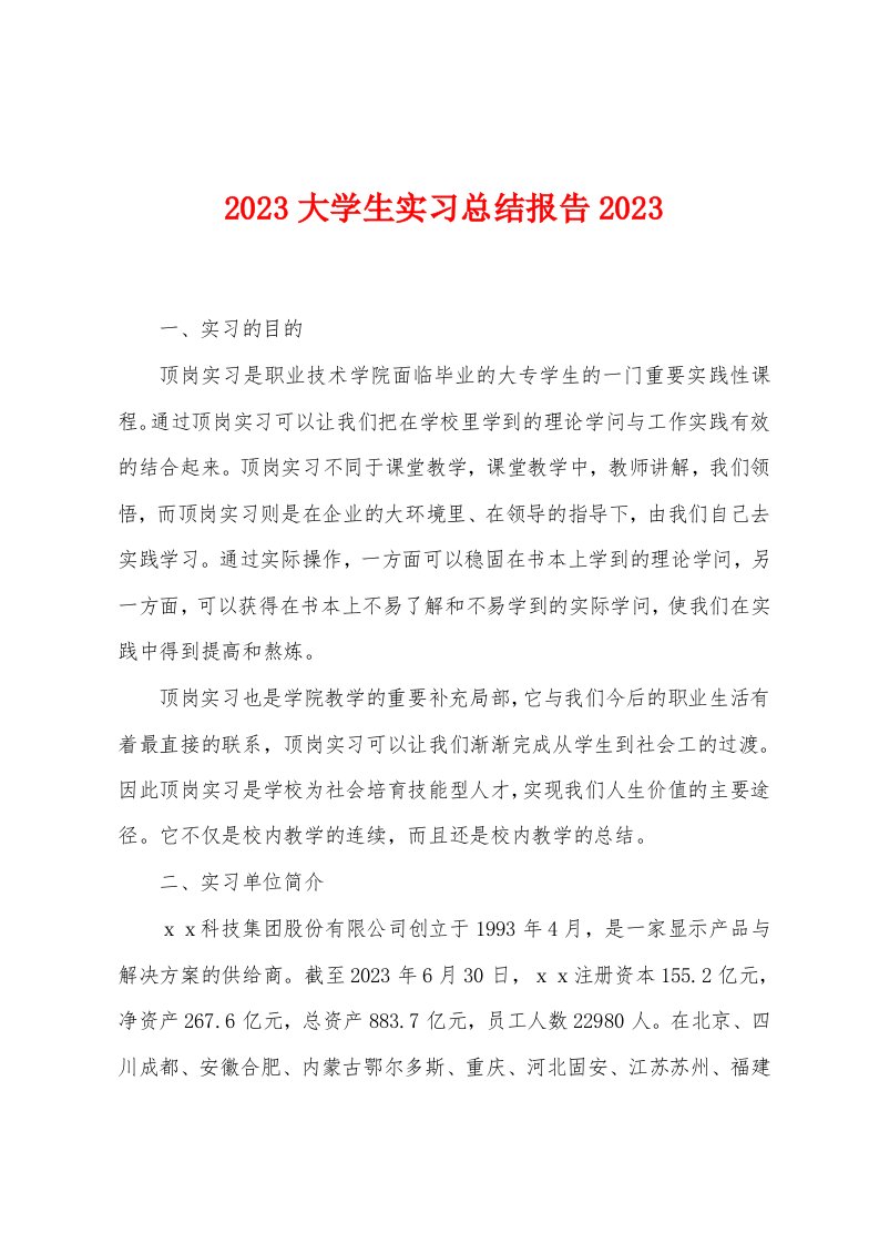 2023年大学生实习总结报告2023年