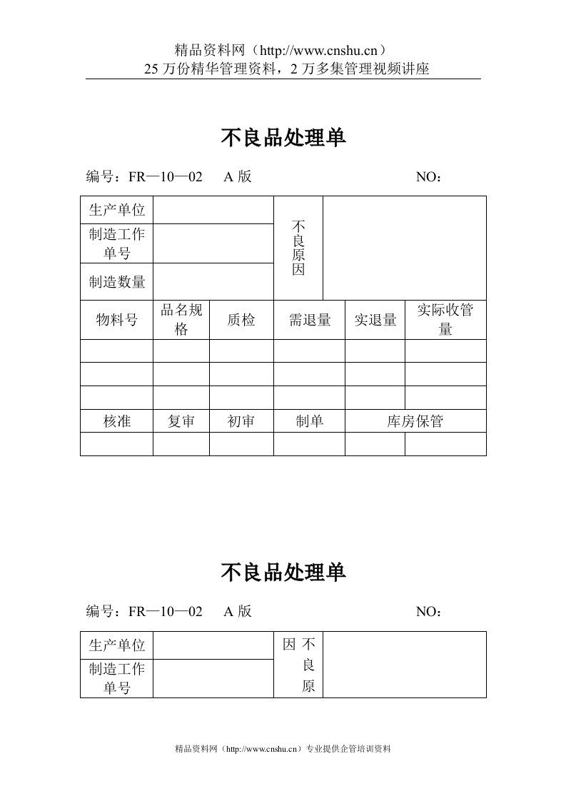 品质检验表格-不良品处理单