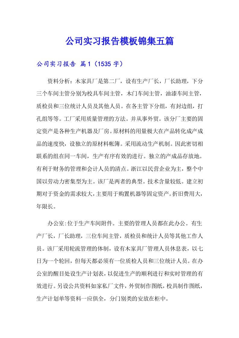 公司实习报告模板锦集五篇【精选】