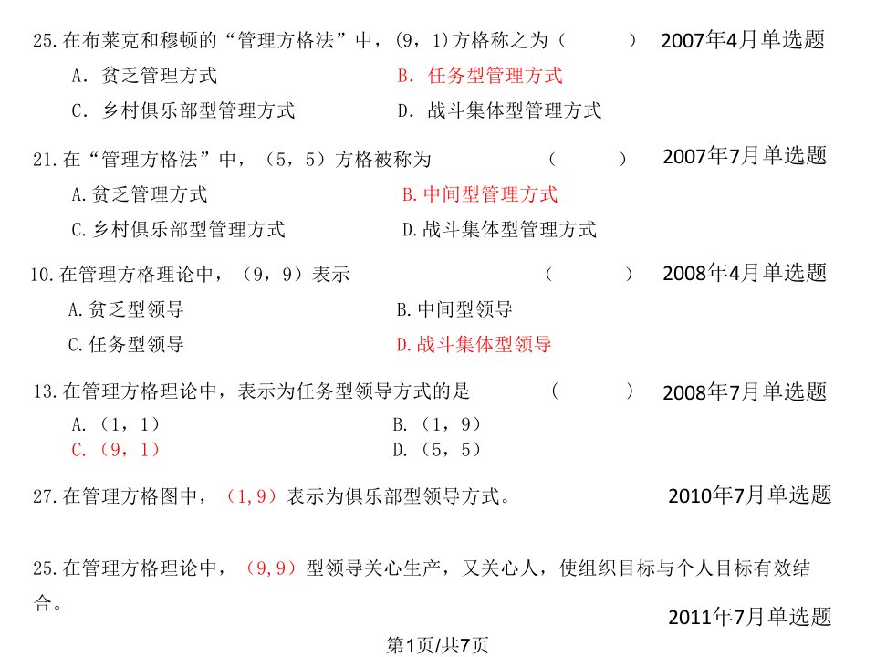 现代管理学考题目学位考自考PPT课件