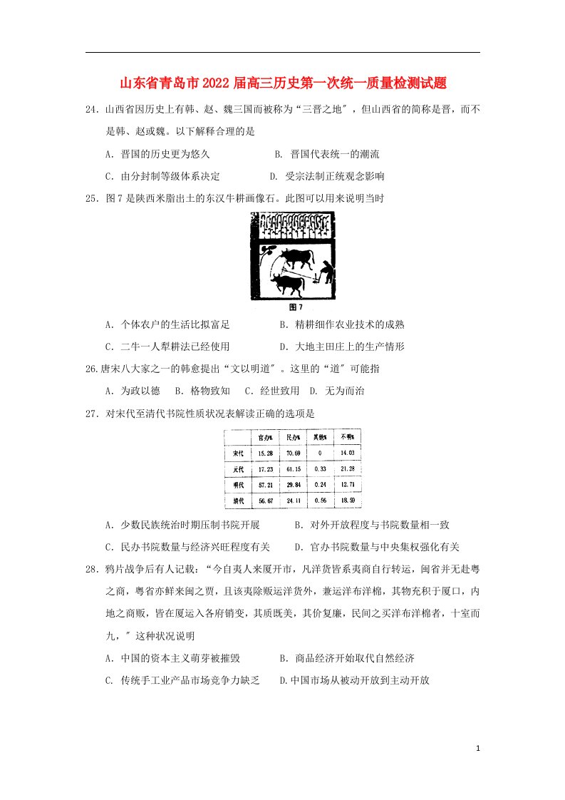 山东省青岛市2022届高三历史第一次统一质量检测试题