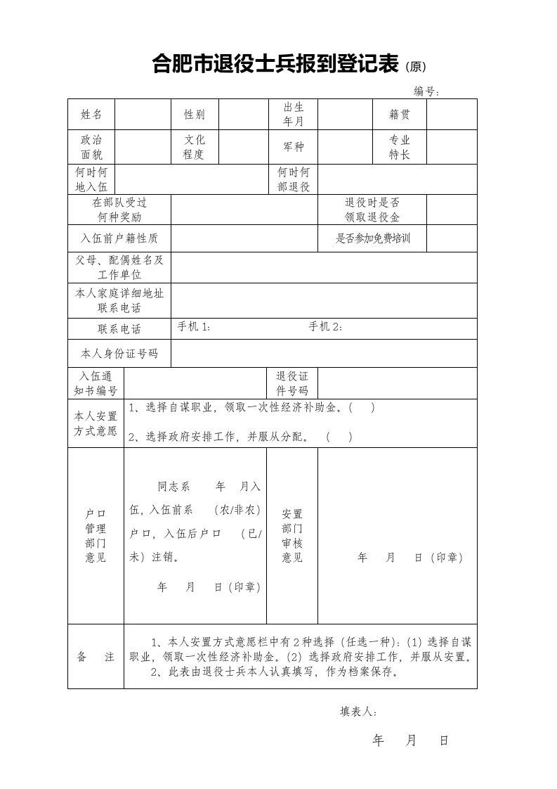 合肥市退役士兵报到登记表（原）