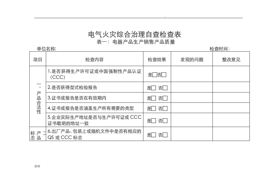 电气火灾隐患防范检查表(全套)