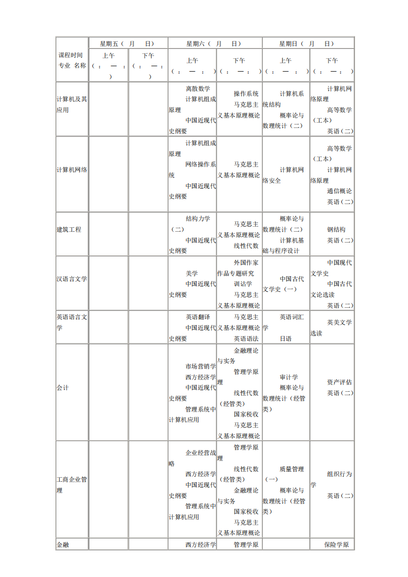 课程时间专业名称