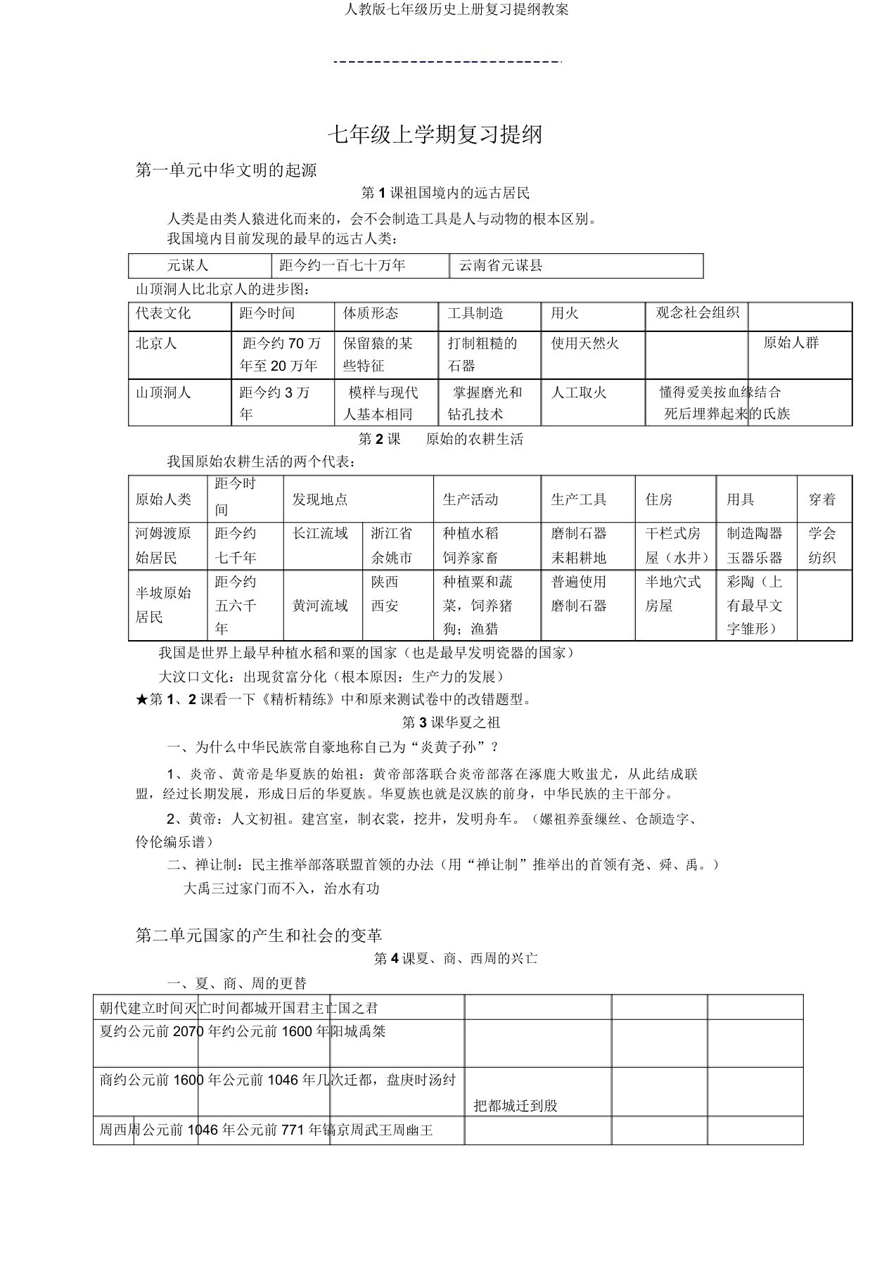 人教版七年级历史上册复习提纲教案