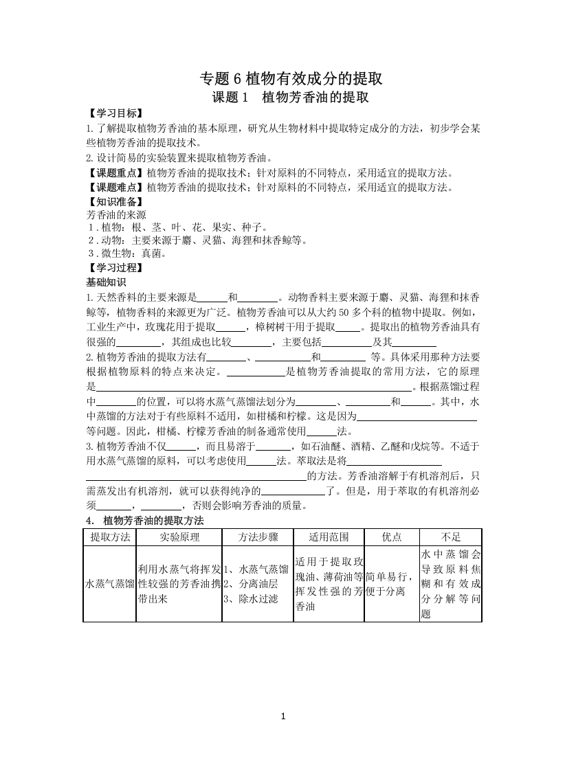 植物芳香油的提取学案(附答案)