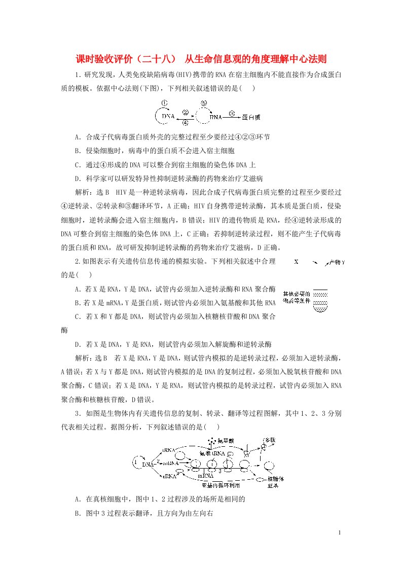 新课标2023版高考生物一轮总复习课时验收评价二十八从生命信息观的角度理解中心法则