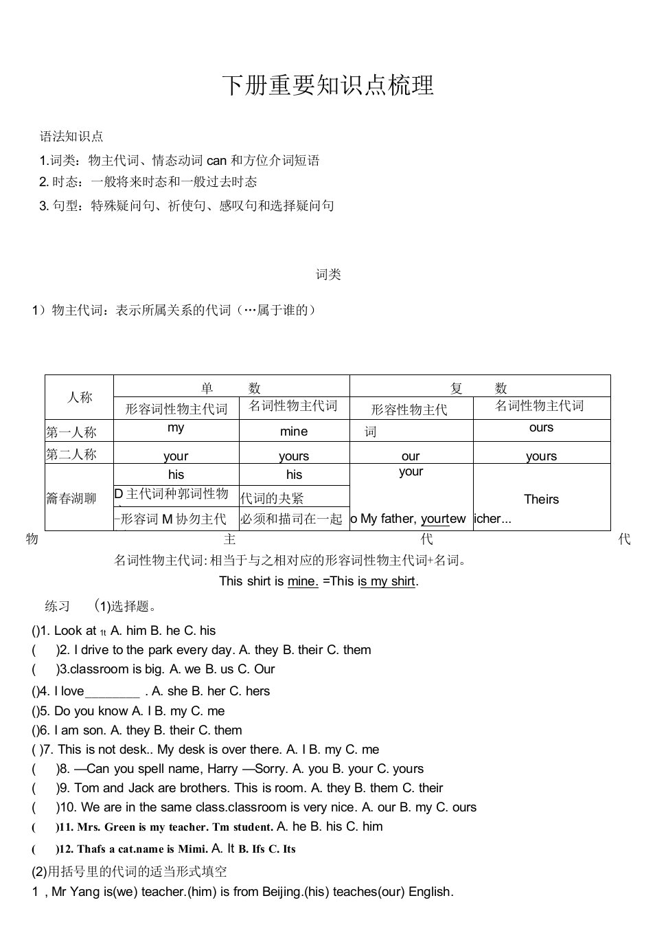 外研版七年级下册英语语法专题复习(含练习)