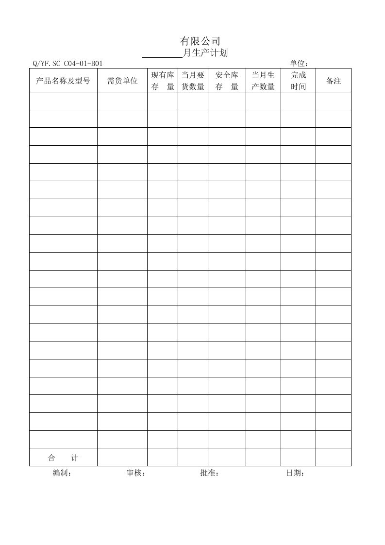 TS16949体系月生产计划