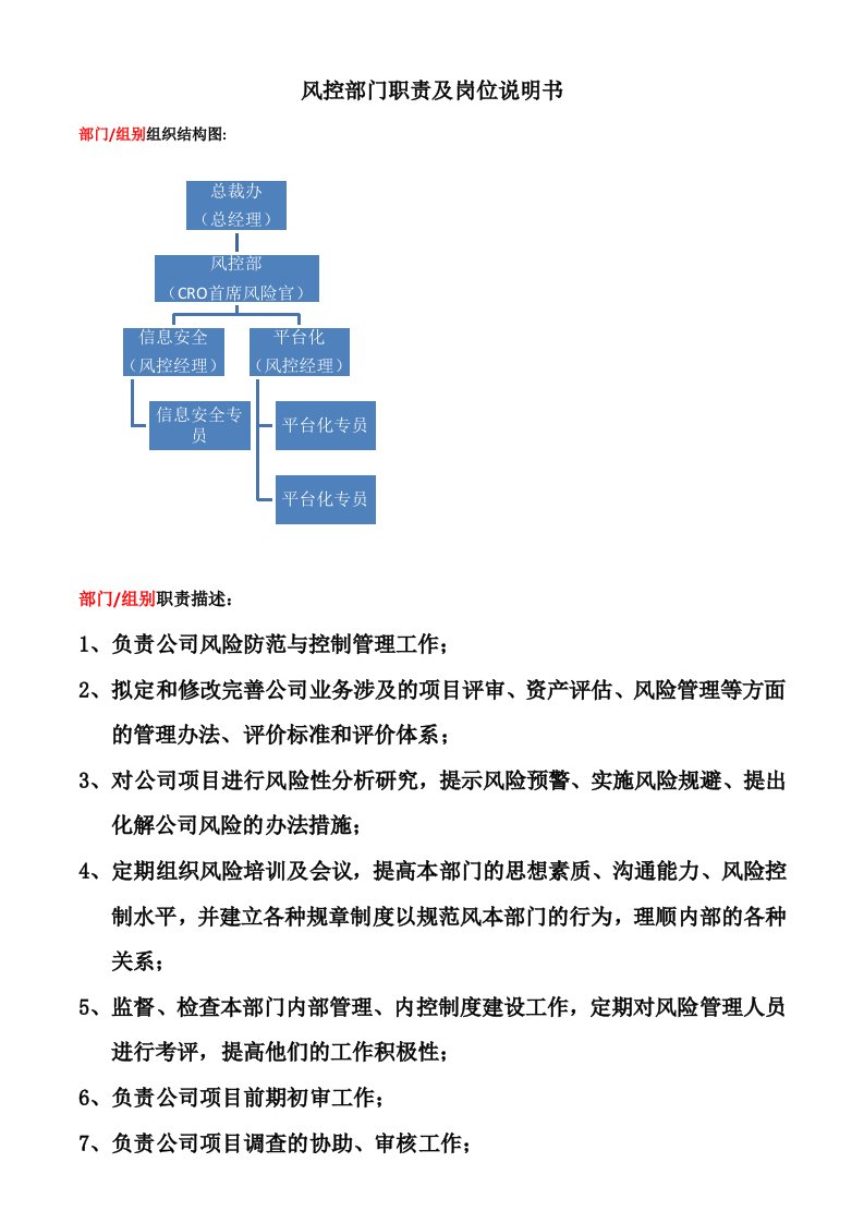 建筑资料-风控部门职责及风险首席官岗位说明书