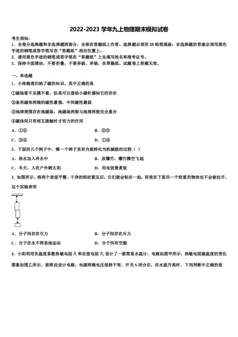 山东省济南市济阳县2022年九年级物理第一学期期末学业水平测试试题含解析