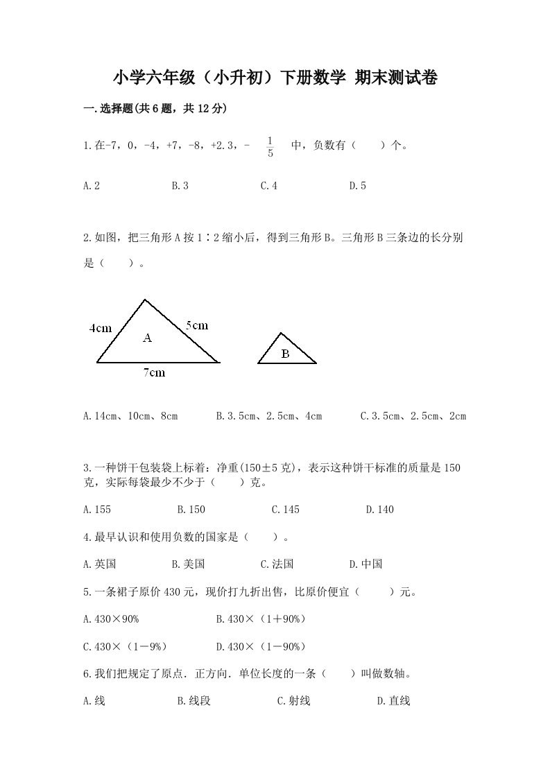 小学六年级（小升初）下册数学