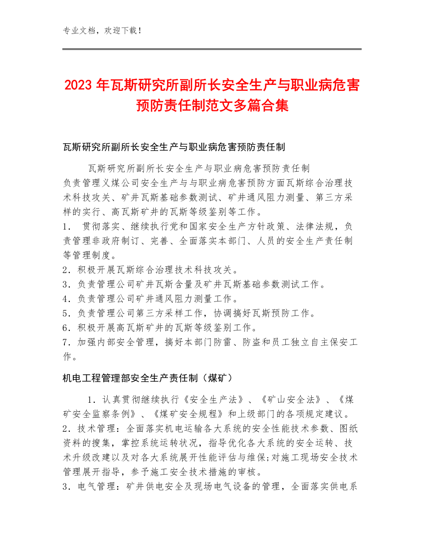 2023年瓦斯研究所副所长安全生产与职业病危害预防责任制范文多篇合集