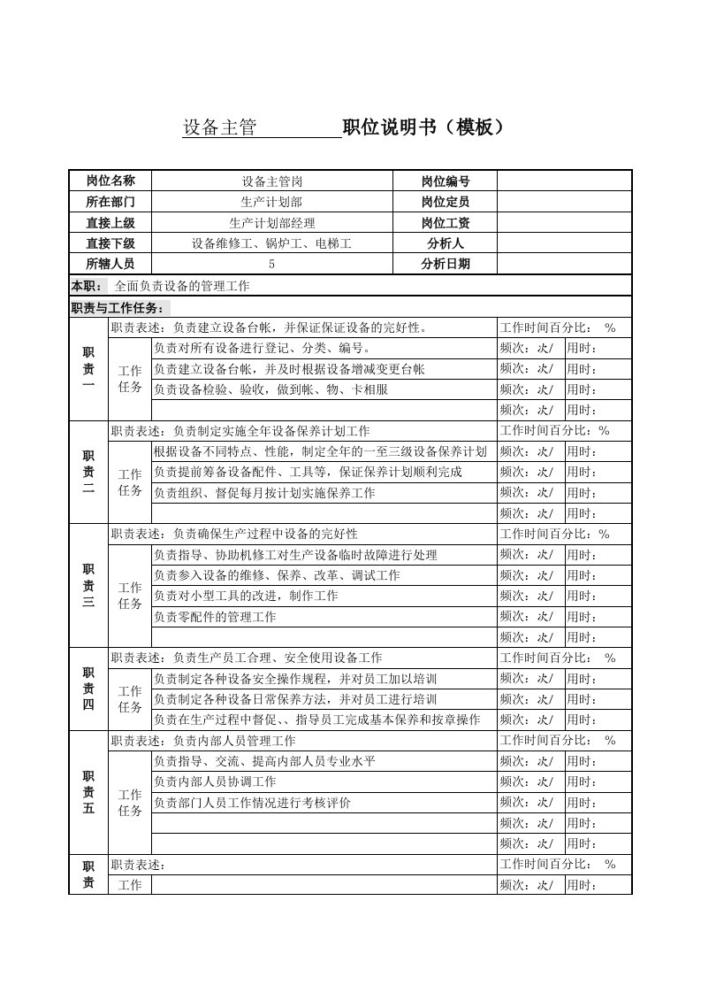 某服装生产企业生产部设备主管职位说明书